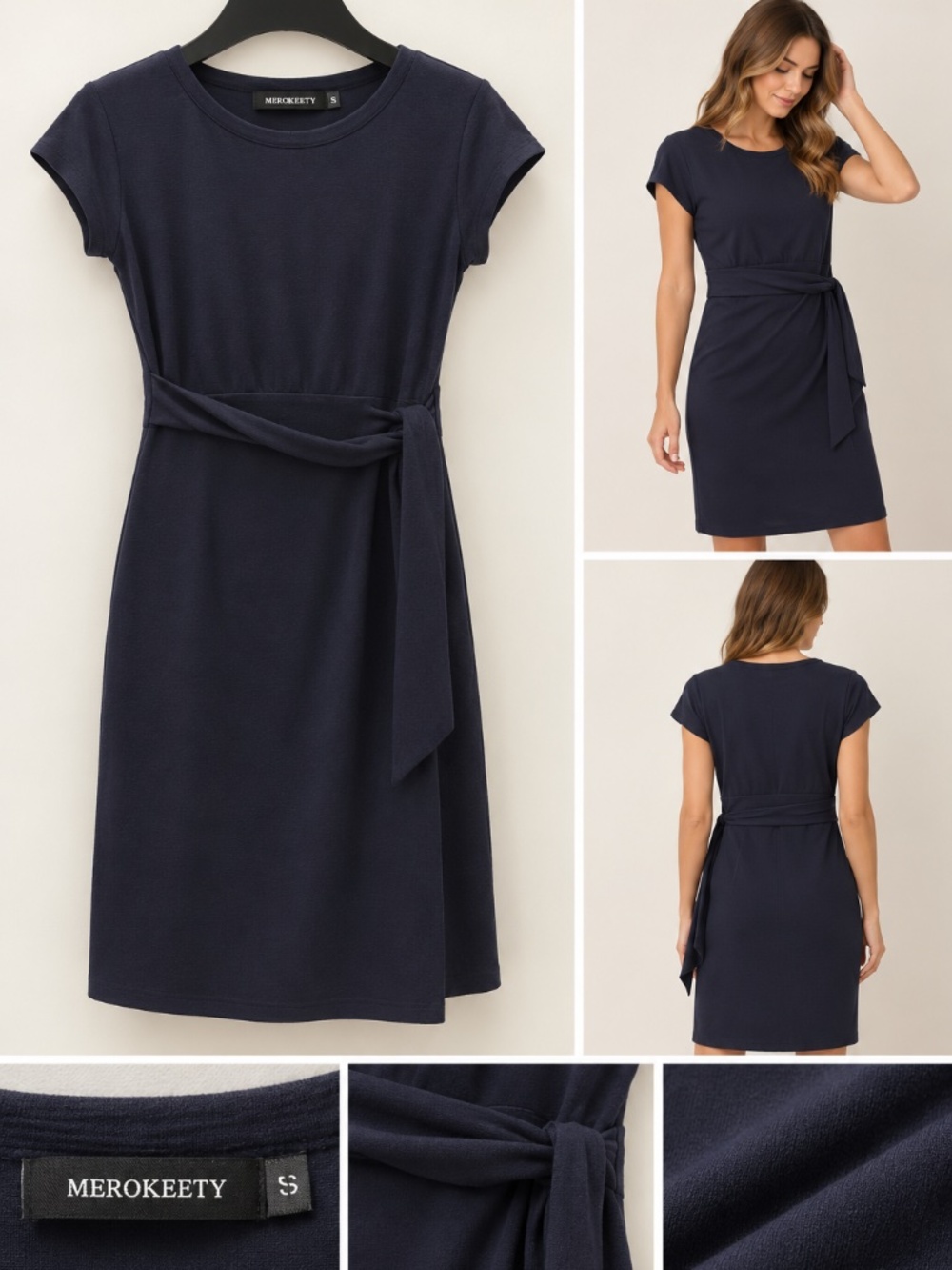 Navy Tie Waist Short Sleeve Dress Size S
